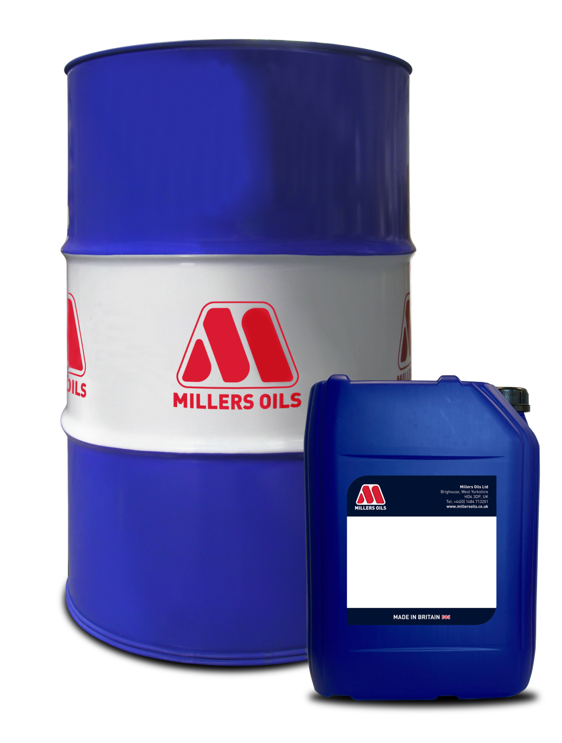 Millers Oils barrel and 20 litre container